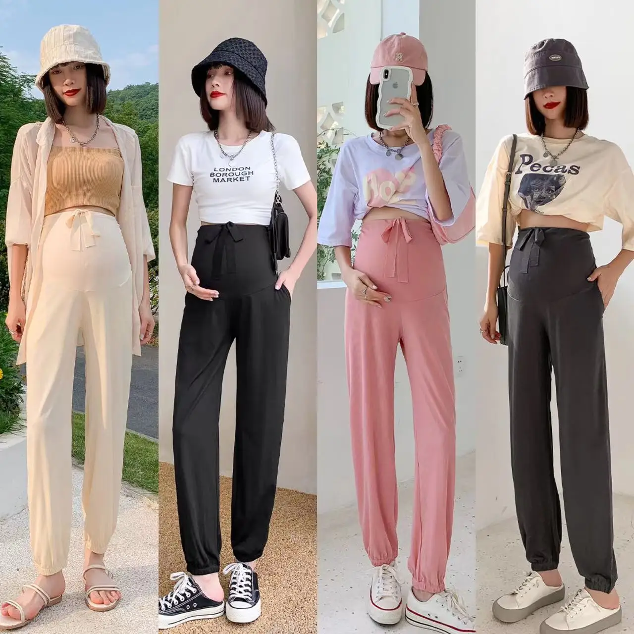 Top Trends: Summer Maternity Chiffon Pants Solid Color Ruffled Drawstring Hem Stretched Pregnant Woman Belly Pants Loose Pregnancy Trousers Shoppable Styles