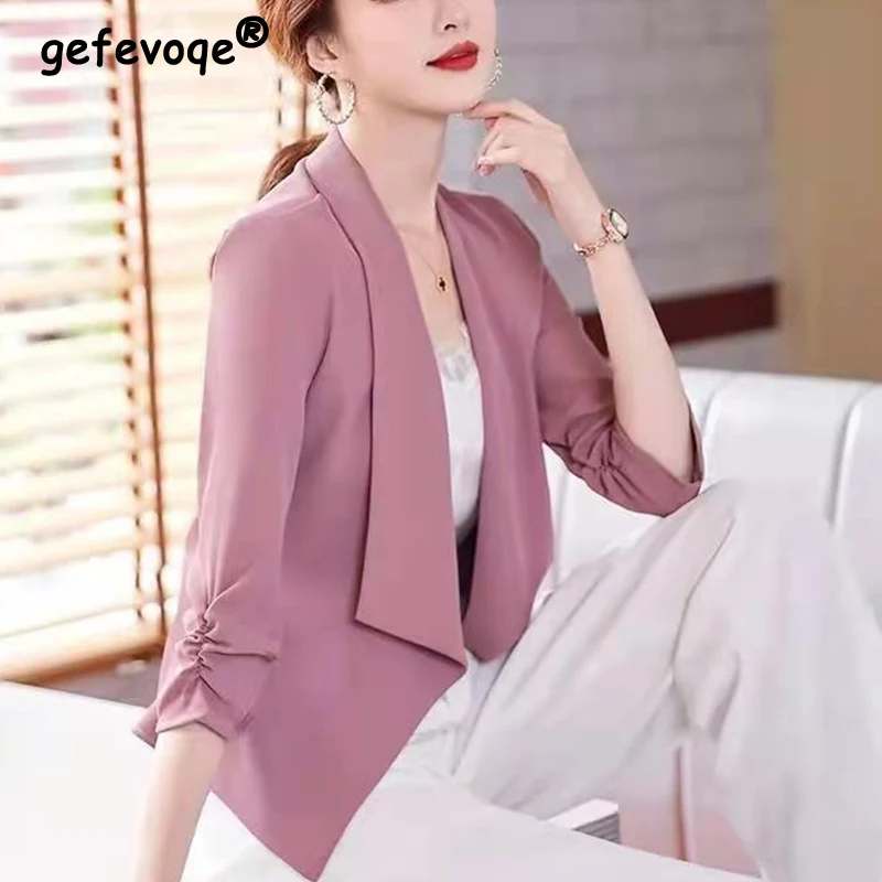 Top Trends: Spring Summer Korean Fashion Elegant 3 / 4 Sleeve Blazers Top Ladies Slim Shirring Solid Color Casual Suit Coat Women's Clothing Shoppable Styles