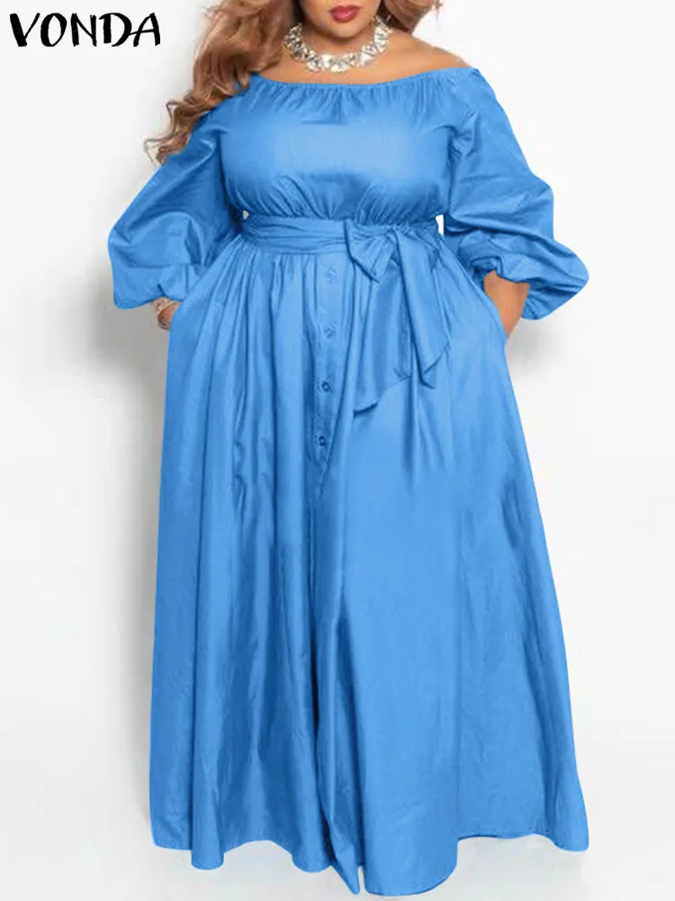 Top Trends: Plus Size 5XL VONDA Summer Maxi Sundress Women Long Dress Button Casual Solid Elegant Off Shoulder Bohemian Party Vestido Belted Shoppable Styles