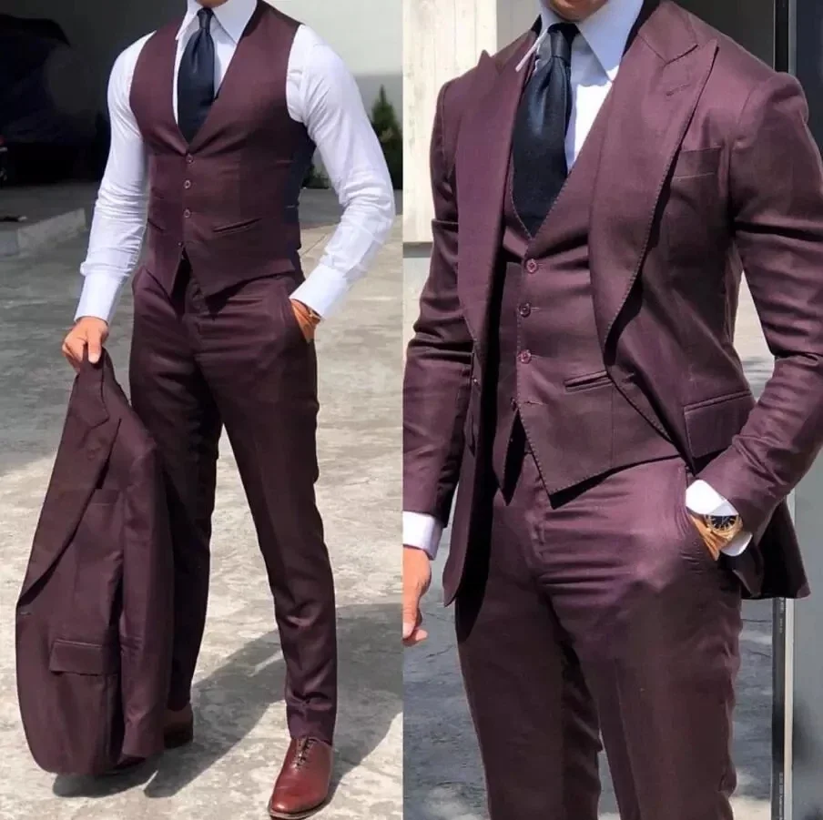 Top Trends: Burgundy Classic Men Suits 3 Pieces Tuxedo Peak Lapel Groomsmen Wedding Suits Set Fashion Men Business Blazer Jacket+ Pants+ Vest Shoppable Styles