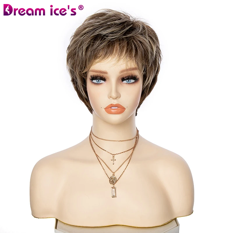 Top Trends: Short Mixed Blonde Brown Pixie Cut Synthetic Wig With Bangs For Women Natural Fluffy Hair Heat Resistant Fake Hair Cosplay Wigs Shoppable Styles