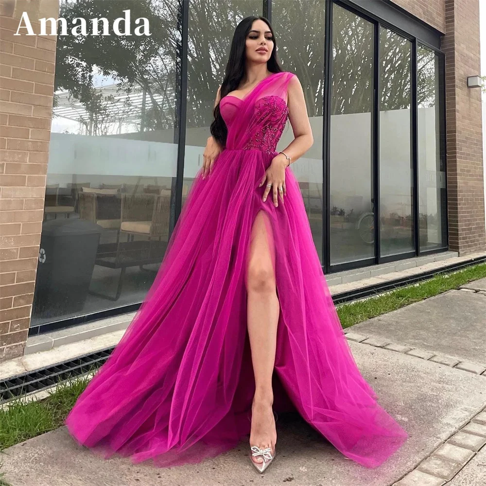 Top Trends: Amanda Purple Pink فساتين السهرة Sexy One Shoulder Side Split Prom Dress 2023 Glitter Sequins On Chest Tulle Prom Gown Shoppable Styles