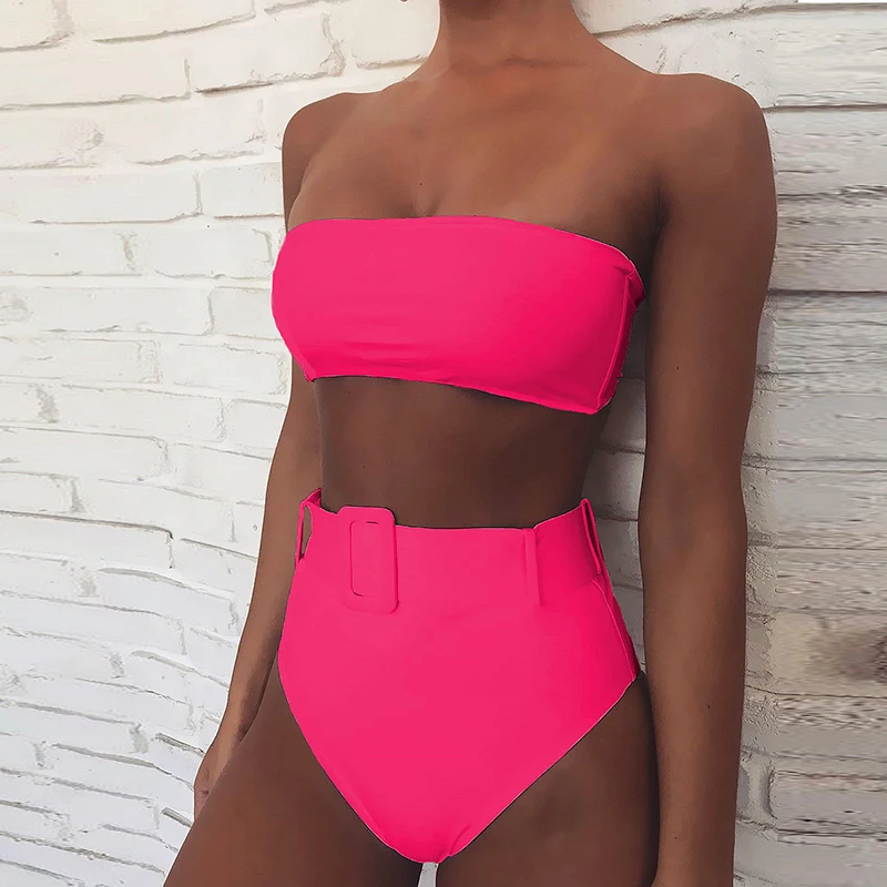 Top Trends: High Waist Bikini 2021 Sexy Black High Leg Bandeau Bikinis Set Swimwear Female Two Pieces Swimsuit Women Bathing Suit Biquini Shoppable Styles