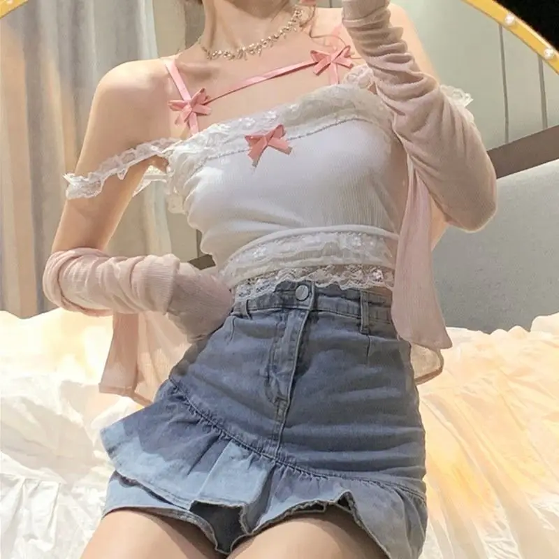 Top Trends: Y2k Summer New Solid Sling Tops Cute Girl Kawaii Lace Bow Inside A Sling Vest 90s Aesthetics Crop Top Women Shoppable Styles