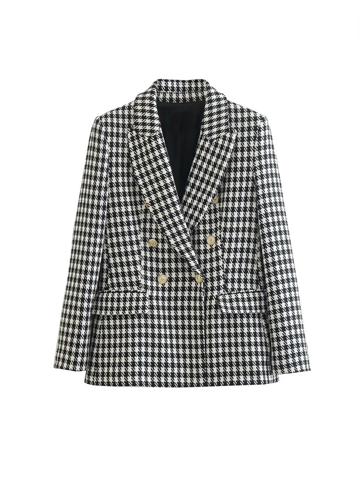 Top Trends: TRAF Women Fashion Double Breasted Houndstooth Blazer Coat Vintage Long Sleeve Flap Pockets Female Outerwear Chic Vestes Suit Shoppable Styles