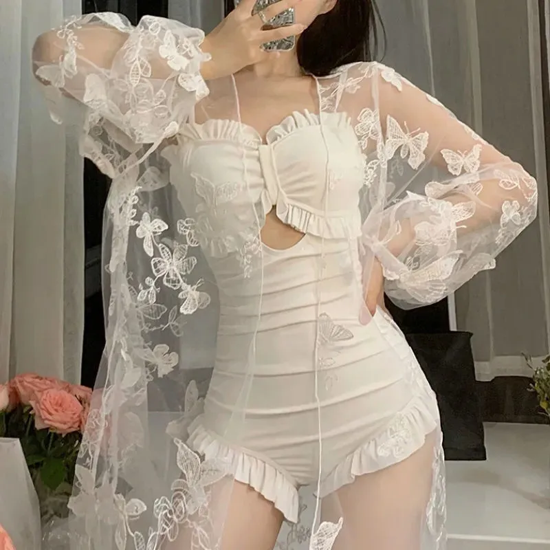 Top Trends: Women One Piece Swimsuit With Lace Cover Korean Fashion Summer Beach Wear Padded Push Up Bath Suit Monokini Maillot De Bain Shoppable Styles