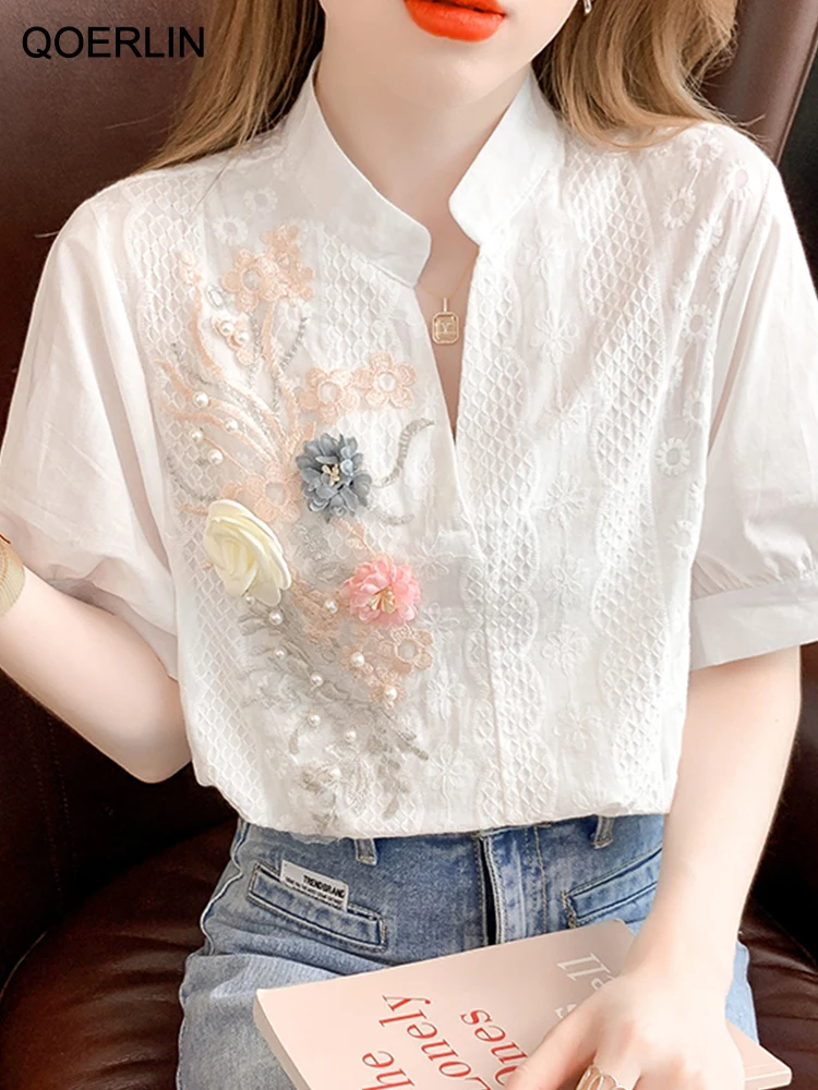 Top Trends: QOERLIN 3D Floral Shirts Women Vintage Embroidered Half Sleeve Loose Casual Lace White Shirts Female Hollow Out Tops Blouses Shoppable Styles