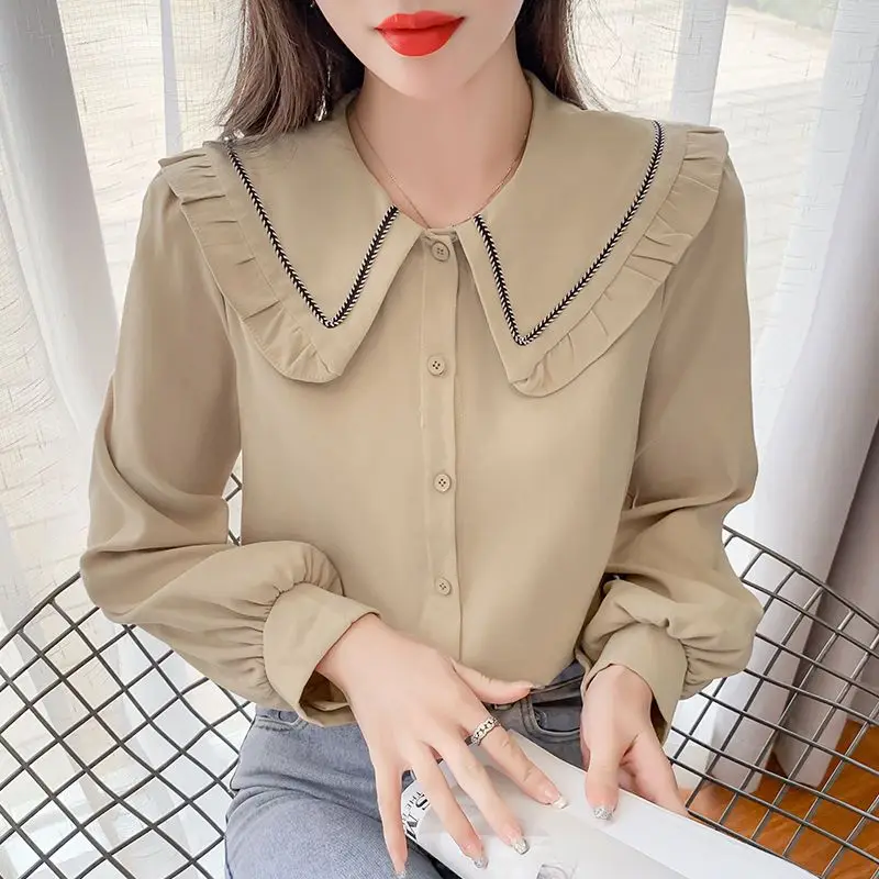 Top Trends: Sweet Peter Pan Collar Button Spliced Chiffon Shirt Female Clothing 2022 Autumn Oversized Casual Tops Loose Office Lady Blouse Shoppable Styles