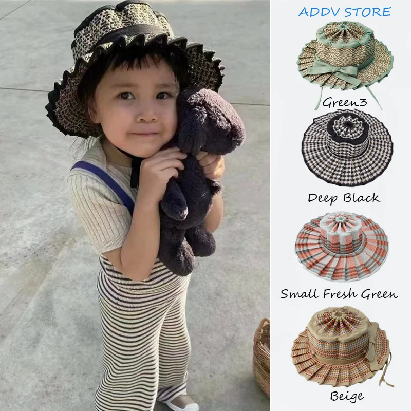 Top Trends: Summer Parent-child Folding Straw Hat Children&#039;s Handmade Plaid Geometric Pattern Straw Sun Hat Bow Knot Wide Eaves Flat Top Hat Shoppable Styles