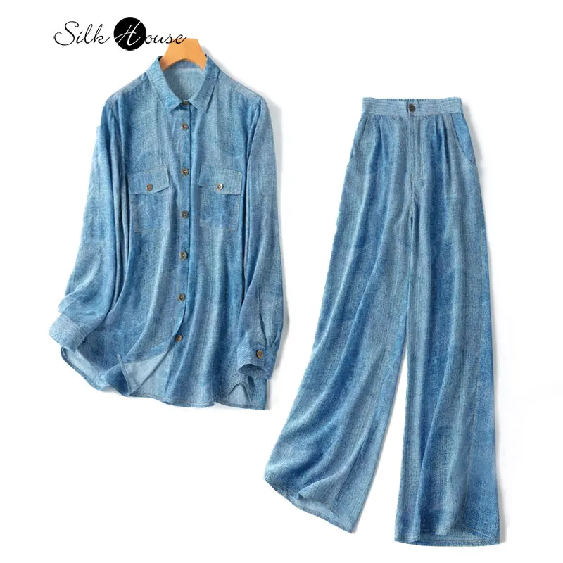 Top Trends: 2023 Women's Denim Printed Work Attire Silk Crepe De Chine Casual Loose Fitting Long Sleeved Cardigan Wide Leg Pants Set Shoppable Styles