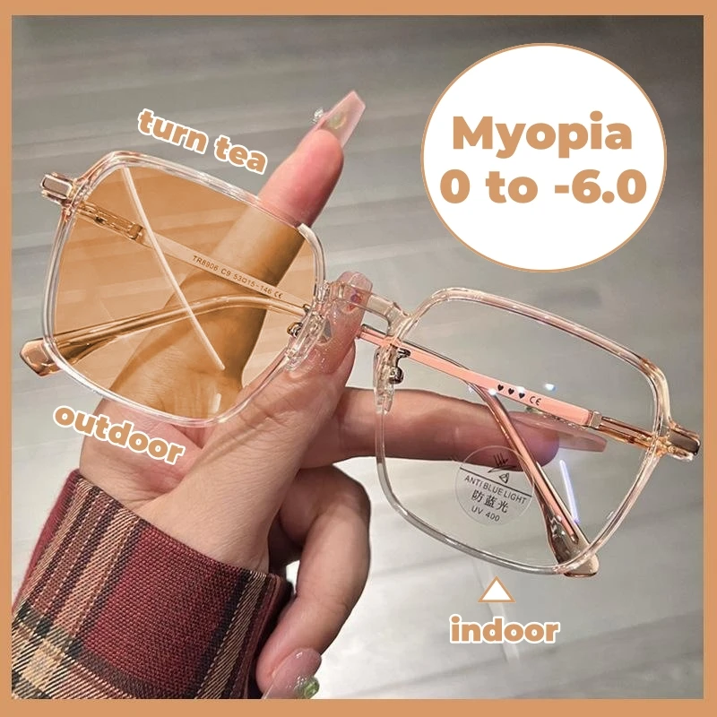 Top Trends: Square Women Short-sighted Eyeglasses Anti Blue Light Photochromic Myopia Glasses Ultra Light Large Frame Finished Myopic Lens Shoppable Styles