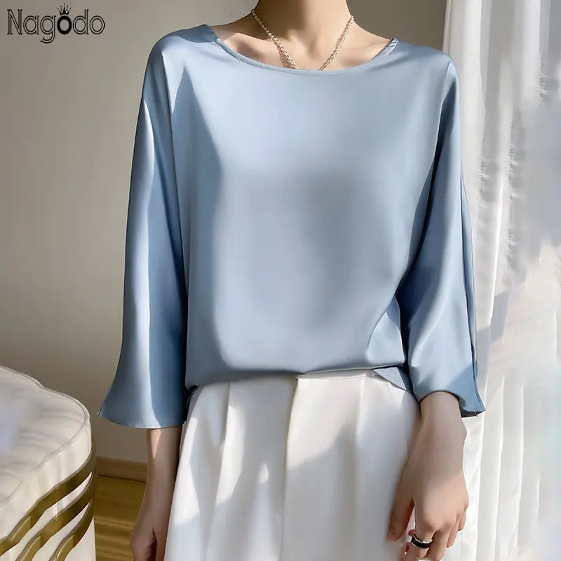 Top Trends: New High Quality Summer Elegant O-neck Plus Size Silk Satin Blouse Women Shirts Office Ladies Loose Tops Haut Femme 6 Colors Shoppable Styles