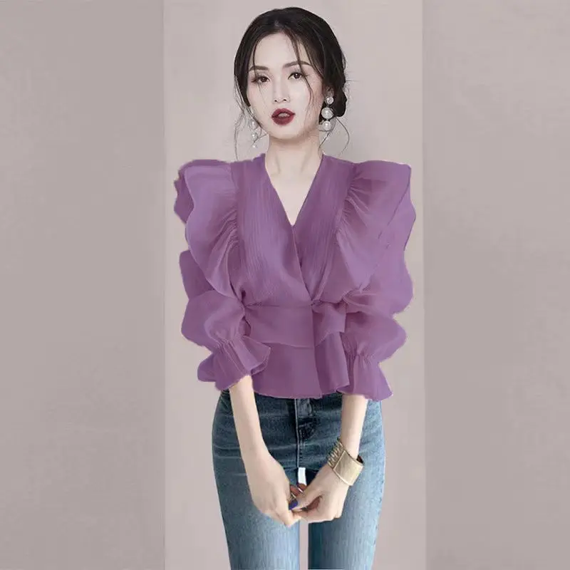 Top Trends: Elegant V-Neck Spliced Irregular Princess Sleeve Ruffles Blouse Women's Clothing 2023 Summer New Casual Tops Office Lady Shirt Shoppable Styles