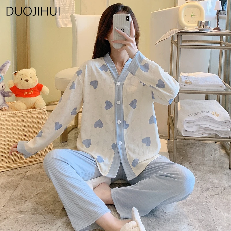 Top Trends: DUOJIHUI Autumn Two Piece Sweet Simple Female Pajamas Set V-neck Cardigan Basic Loose Pant Fashion Casual Home Pajamas For Women Shoppable Styles