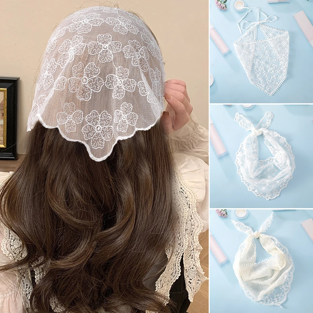 Top Trends: Haimeikang Flower Lace Triangle Scarf Hair Band White Fashion Bandana Turban Headband For Women Headwarp Hair Accessories Shoppable Styles