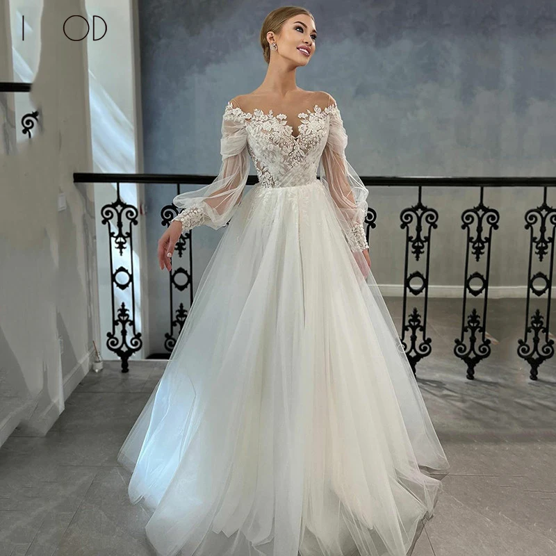 Top Trends: I OD Elegant Princess Wedding Dress Long Puff Sleeves Appliques Illusion Button Tulle Bridal Gown Vestidos De Novia Custom Made Shoppable Styles