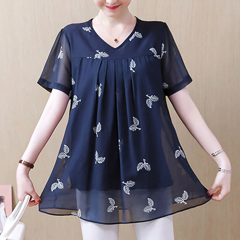 Top Trends: Summer New Thin Chiffon Floral Loose Shirt Tops O-Neck Short Sleeve Printing Plus Size Blouse Vintage Fashion Women Clothing Shoppable Styles