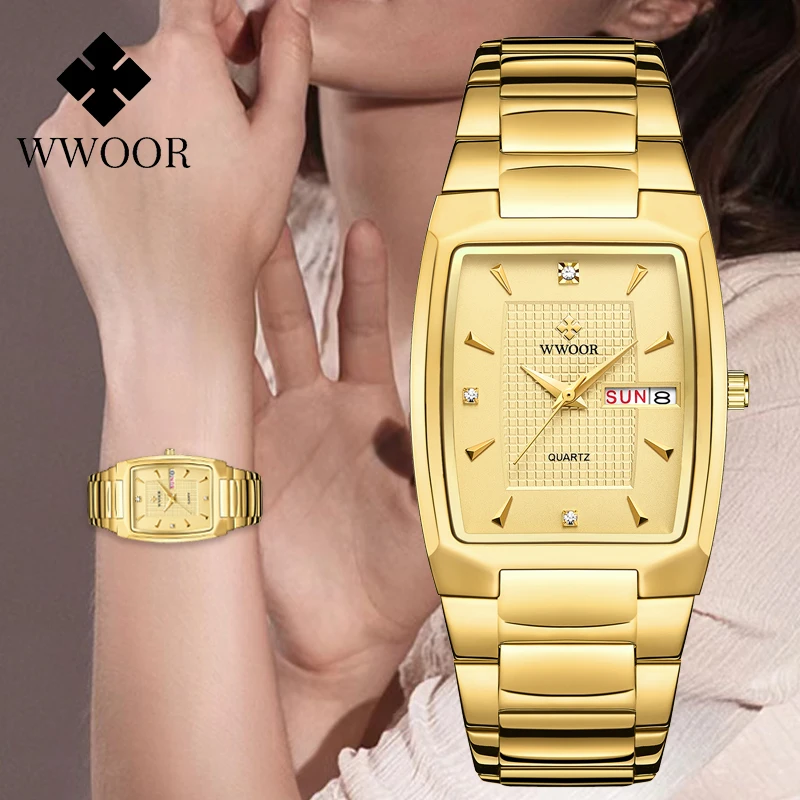 Top Trends: WWOOR Women Watch Rectangle Dial Gold Stainless Steel Wrist Watches Fashion Quartz For Women Ladies Waterproof Relogio Feminino Shoppable Styles