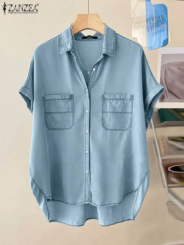 Top Trends: ZANZEA Women Denim Blue Shirts Blouse 2023 Summer Short Sleeve Elegant OL Solid Dating Tops Tees Casual Loose Blusas Femininas Shoppable Styles