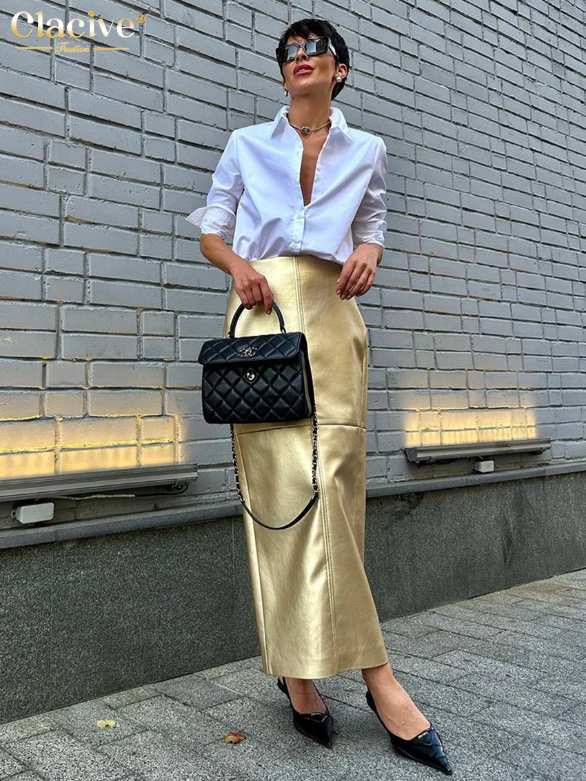 Top Trends: Clacive Elegant Gold Pu Leather Skirts For Women 2023 Fashion High Waist Office Long Skirt Casual Classic Skirt Female Clothing Shoppable Styles