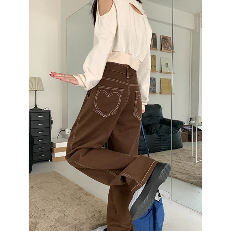 Top Trends: Brown Women's Jeans High Waist Vintage Straight Baggy Denim Pants Streetwear Heart Pattern Design Fashion Wide Leg Denim Trouser Shoppable Styles