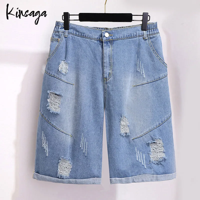 Top Trends: Plus Size Ripped Holes Knee Length Jean Capris Mom 6xl Grunge Slouchy Elastic High Waist Fray Revers Half Demin Trousers Female Shoppable Styles