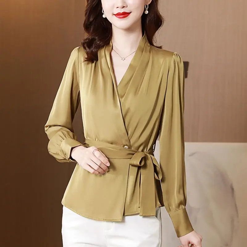 Top Trends: Female Clothing Commute Solid Color Shirt Spring Autumn Long Sleeve Slim Waist Elegant V-Neck Button Fashion Drawstring Blouse Shoppable Styles