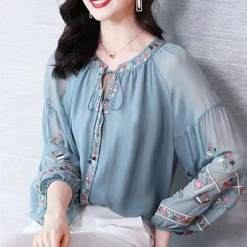 Top Trends: Vintage Women Silk Embroidered Top Lantern Long Sleeve Mulberry Silk Loose Shirt Women Fashion Office Top Shirt High Quality2022 Shoppable Styles