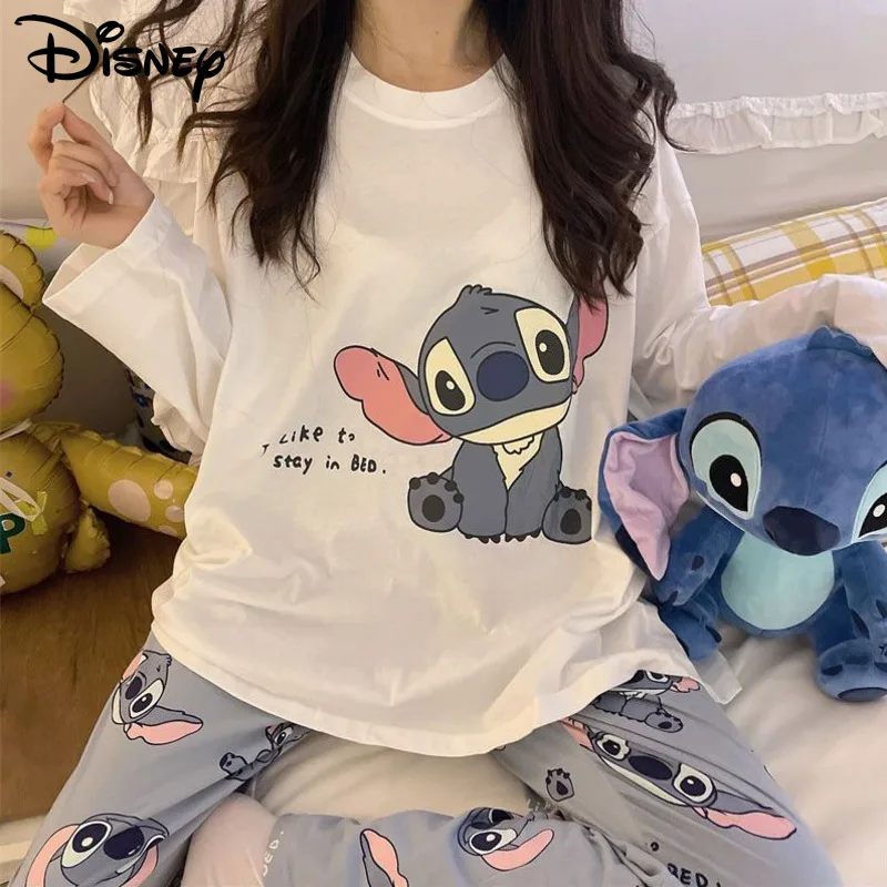 Top Trends: Disney Cartoon Stitch Home Clothes Cotton 2 Piece Set Women Men Top T-shirts Pants Y2k Spring Pajamas Suit Couples Sleepwear Set Shoppable Styles