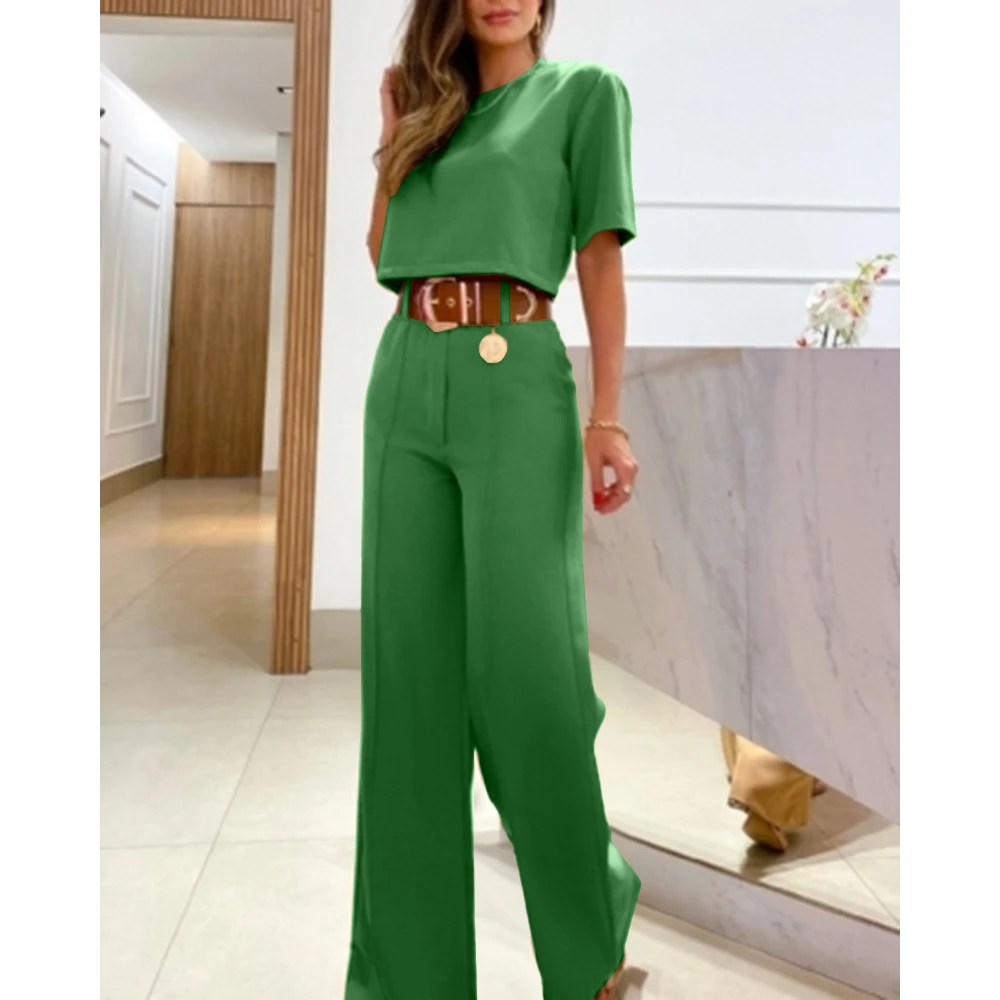 Top Trends: 2023 Casual Women Half Sleeve Crop Top &amp; Wide Leg Pants Set Summer Femme Office Lady Two Pieces Suit Set Outfits Korean Style Shoppable Styles