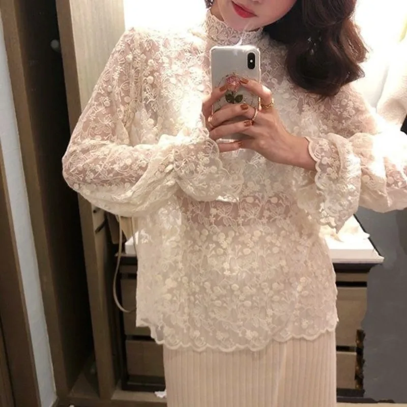 Top Trends: Women&#039;s Autumn And Winter New Fashion Elegant Solid Half High Neck Lace Tulle Korean Edition Versatile Long Sleeve Slim Fit Tops Shoppable Styles