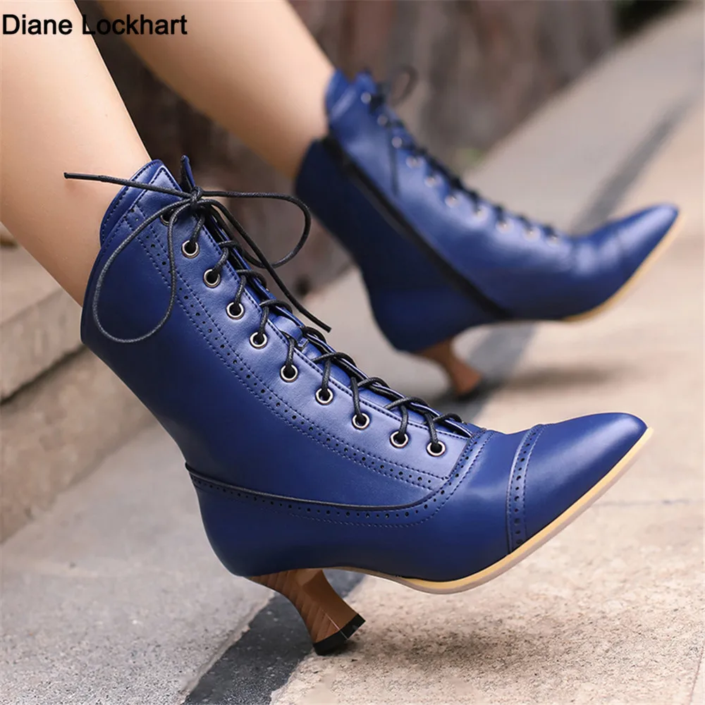 Top Trends: 2023 New Lace Up Ladies High Heel Shoes Strange Steampunk Boot Victorian Ankle Boots Women Pointed Toe Thick Soled Short Boots Shoppable Styles