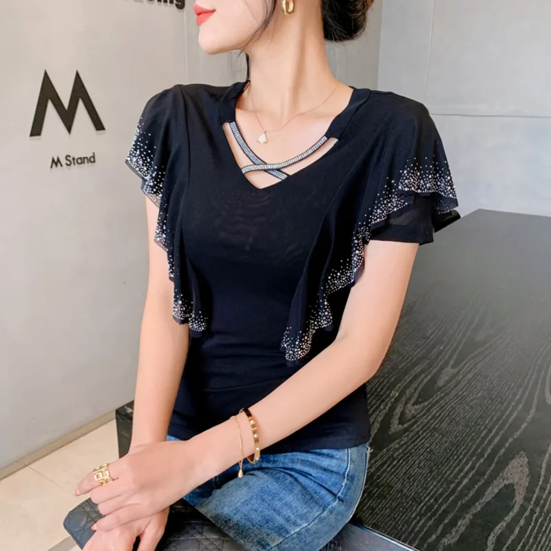 Top Trends: #6198 Summer Mesh T Shirt Women V-neck Ruffles Diamonds Tight Sexy Elastic Short Sleeve T Shirt Korean Fashion Black Blue Purple Shoppable Styles