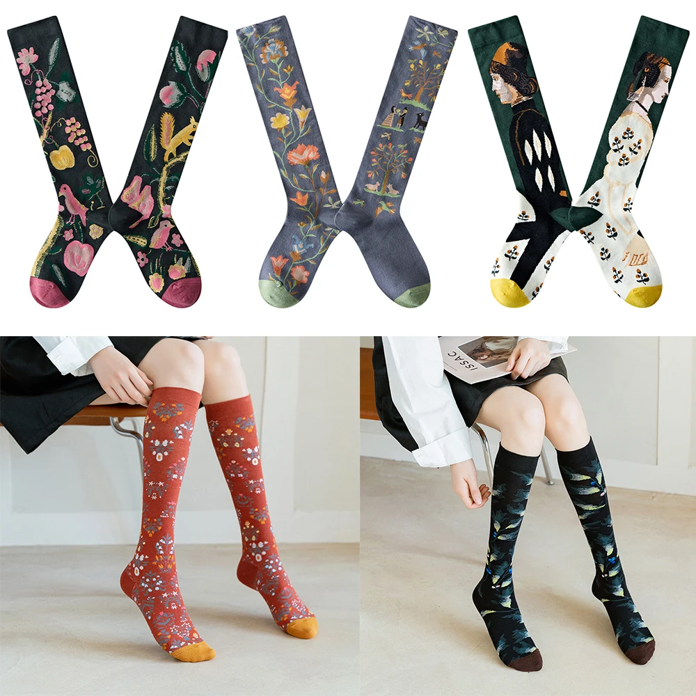 Top Trends: Socks Women's High Tube Calf Knee-length Socks Retro Illustration Art Abstract Street Autumn And Winter Cotton Socks High Sock Shoppable Styles