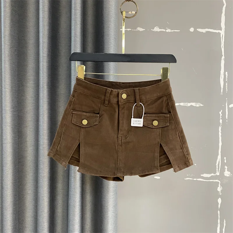 Top Trends: Deep Coffee Design Denim Shorts Skirt For Women Summer 2023 New High Waisted Slim Spicy Girl A-line Skirt Trend Shoppable Styles