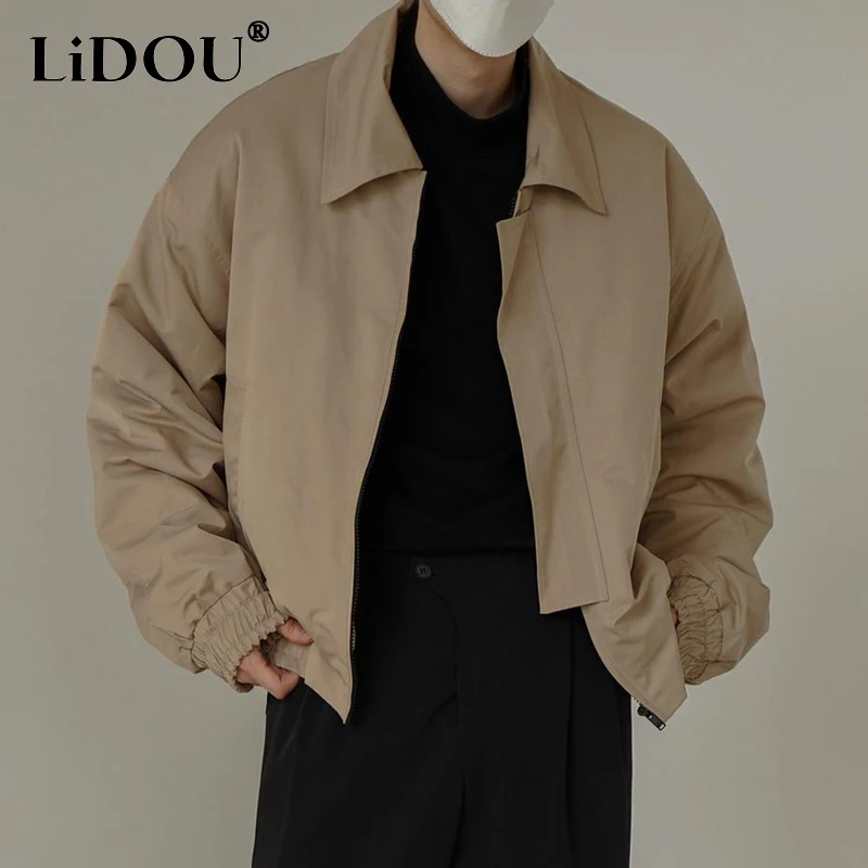 Top Trends: Spring Autumn Vintage New Solid Color Turn-down Collar Long Sleeve Outwear Man Rib Sleeven Zip Fastener Pockets Casual Cardigan Shoppable Styles