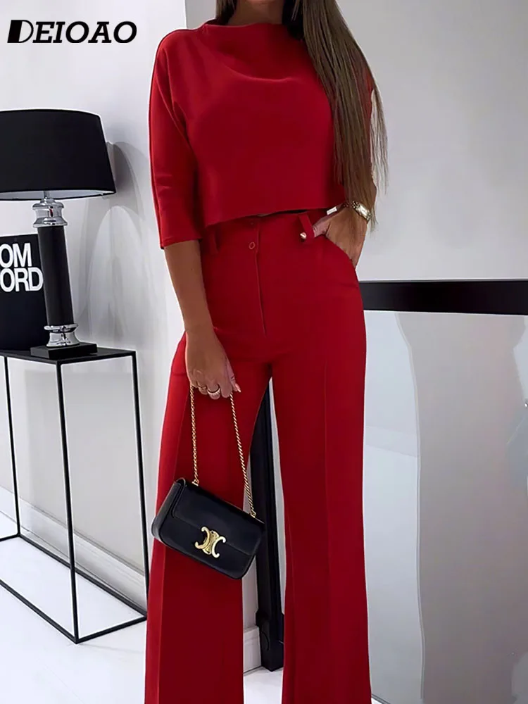 Top Trends: Deioao 2-piece Set Tops And Pants For Women&#039;s Office Summer Halft Sleeve Red Slim Elegant Fashion Female Clothing Wide Pant Shoppable Styles