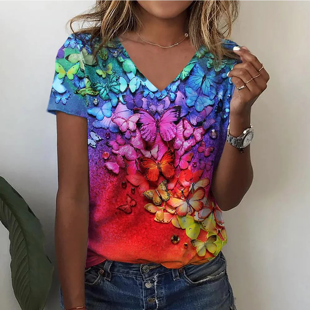 Top Trends: Women&#039;s T-shirts Fashion Tops V-neck Colorful Butterfly T Shirt Female Short Flowers Print Casual Tees Summer Oversized Clothes Shoppable Styles