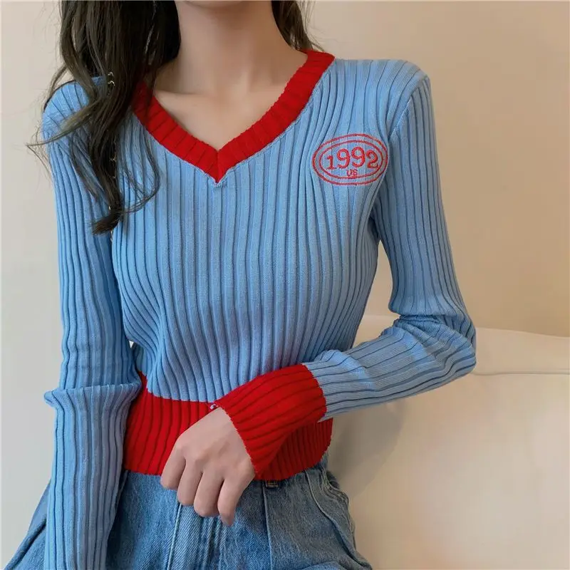 Top Trends: Sweet V-Neck Knitted Spliced Embroidery Sweaters Female Clothing 2023 Autumn Winter Loose Casual Pullovers Korean Tops Shoppable Styles