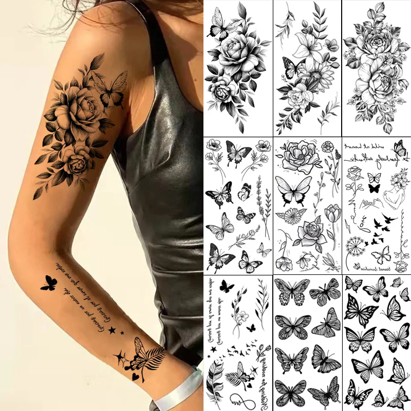 Top Trends: Black Flower Tattoo Stickers For Hand Arm Waterproof Temporary Tattoos For Women Butterfly Fake Tattoo Sleeve Tatoos Girls Shoppable Styles