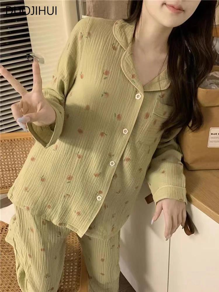 Top Trends: DUOJIHUI Green Sweet Chic Printing Loose Two Piece Female Pajamas Sets Autumn Basic Simple Casual Fashion Home Pajamas For Women Shoppable Styles