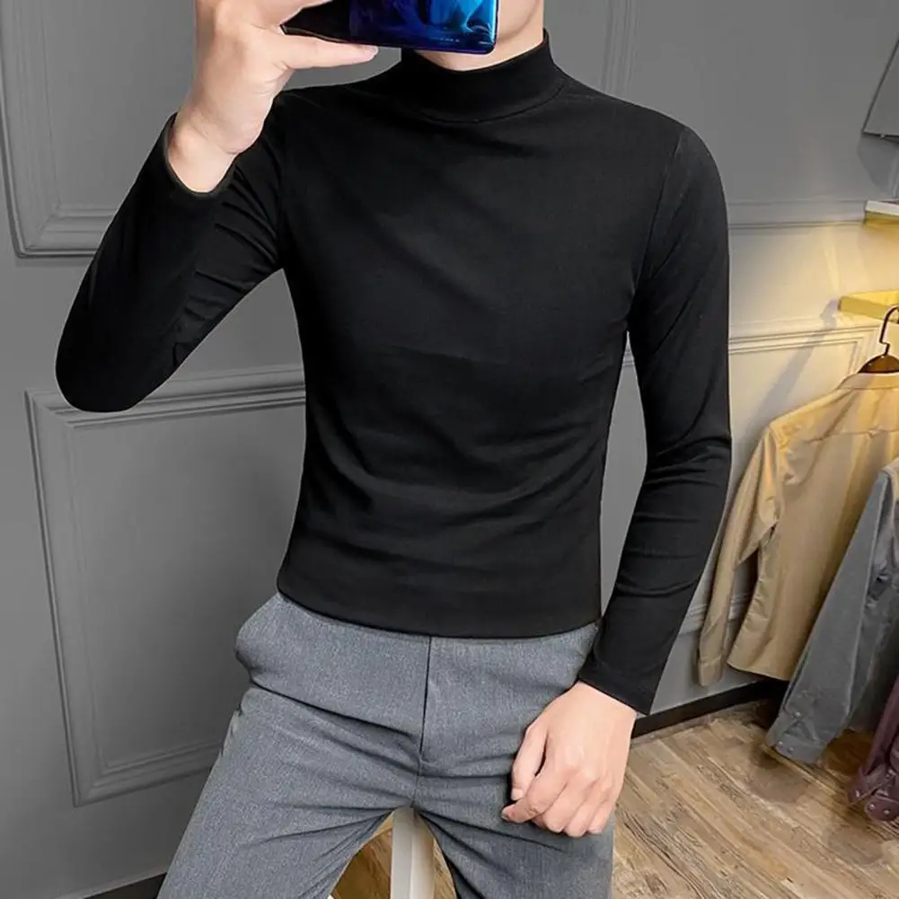 Top Trends: Fashion Autumn Men Shirt Solid Color Warm Thermal Half-high Collar Pullover Slim Fit Long Sleeve Elastic Plush Spring Top Shoppable Styles