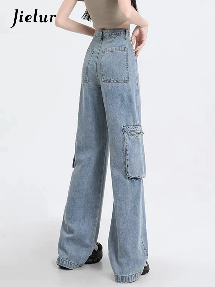 Top Trends: Jielur American High Waist New Women's Jeans Autumn Streetwear Straight Loose Chic Pockets Light Blue Casual Female Cargo Pants Shoppable Styles - Image 4