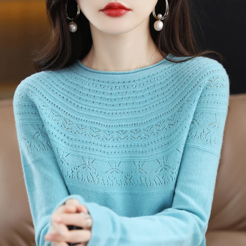 Top Trends: 100% Wool Cashmere Sweater Women's Sweater Round Neck Hollow Long Sleeve Pullover Warm Pullover In Autumn And Winter Shoppable Styles