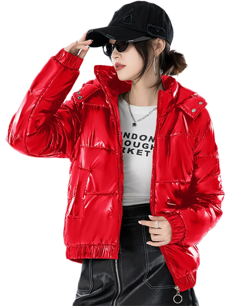 Top Trends: Jacket Women Red S-3XL Short Loose Glossy Hooded Space Cotton Coat 2023 Spring New Streetwear Tops Light Thin Coats Clothing Shoppable Styles