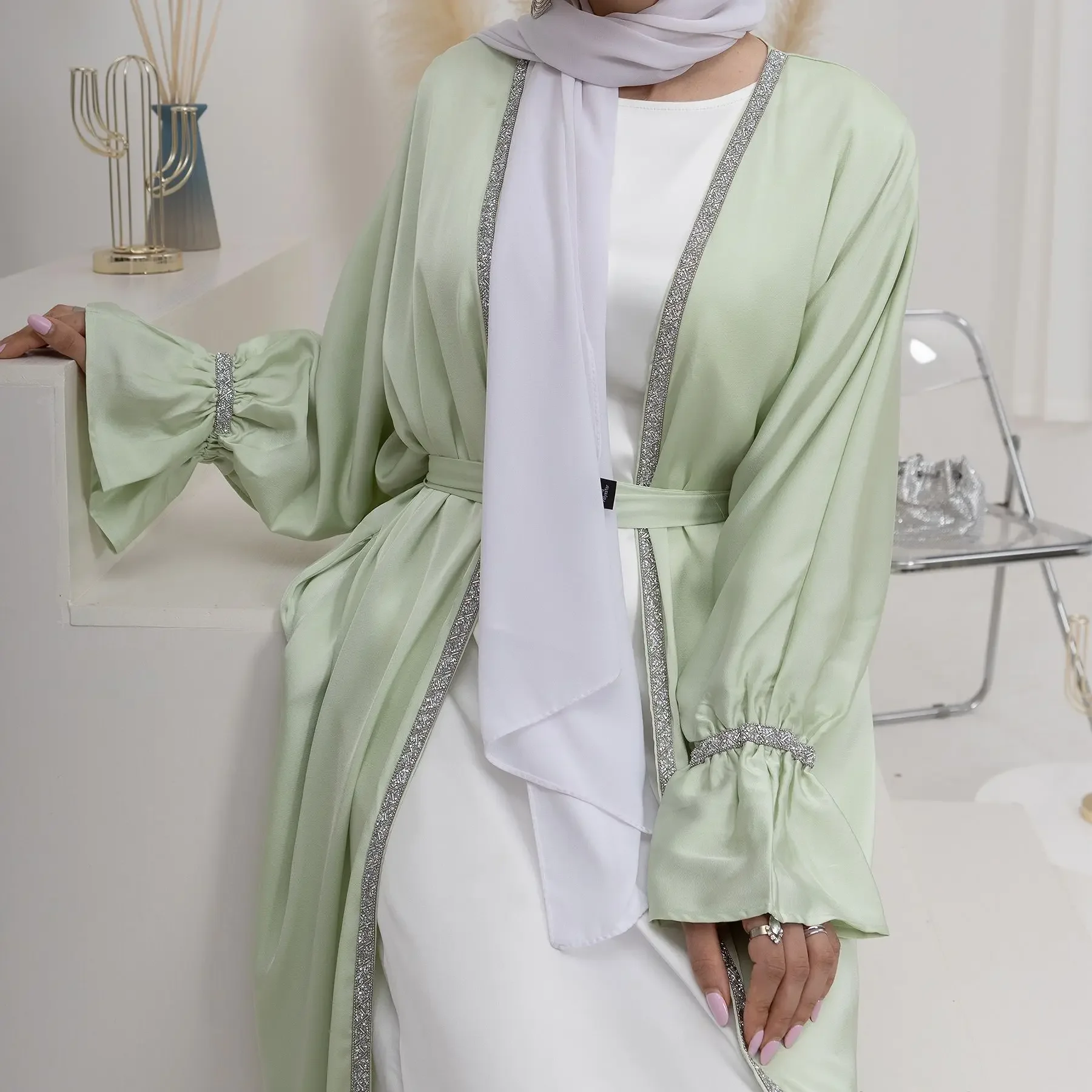 Top Trends: Kimono Abaya Turkey Satin Open Abayas For Women Dubai Plain Flare Sleeve Beads Muslim Dresses African Islamic Outfit Kaftan Robe Shoppable Styles