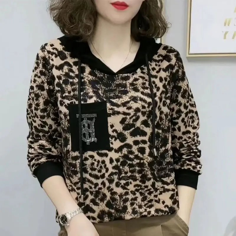 Top Trends: Women's Clothing Casual Leopard Printed Hooded Pullovers Fashion Autumn Winter Letter Diamonds Spliced Chic Loose Sweatshirts Shoppable Styles