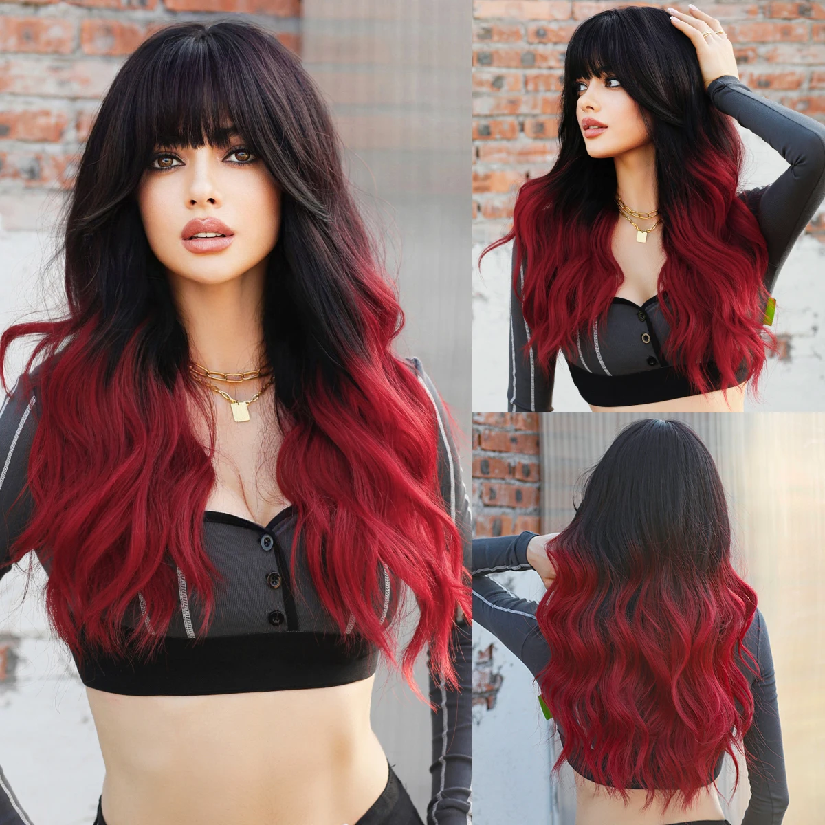 Top Trends: NAMM Long Wavy Ombre Black To Red Wig For Women Daily Cosplay Party Synthetic Lavender Hair Wig With Fluffy Bangs Heat Resistant Shoppable Styles