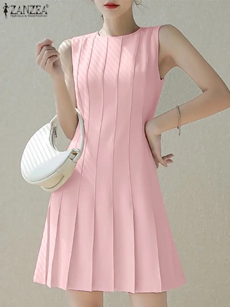 Top Trends: ZANZEA Elegant Commuting OL Short Robes Casual Round Neck Tank Dress Women Summer Solid Pleated Fashion Sleeveless Mini Dresses Shoppable Styles