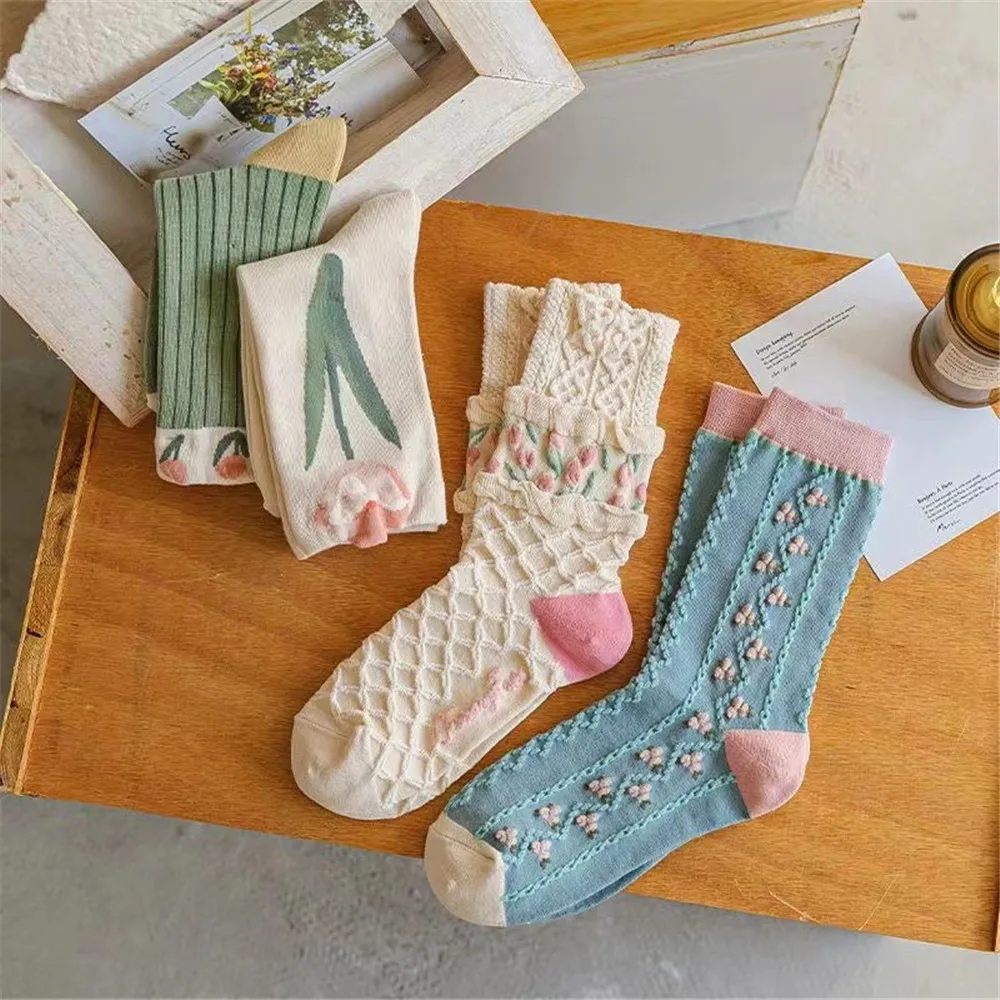 Top Trends: Women Socks Korean Style Flower Trend Casual Socks Girls Frilly Ruffle Cute Sweet Breathable Kawaii Socks Girls New 2023 Shoppable Styles